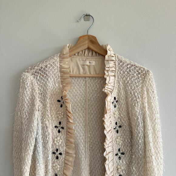 Vintage Ryu Ruffle Lace Bead Hook Closure Jacket Cream L - Picture 3 of 9